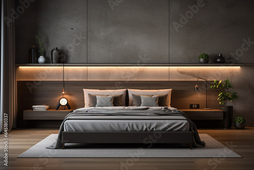 Interior of modern bedroom with dark gray walls  wooden floor  comfortable king size bed with gray linen and decorative lamps. 3d rendering