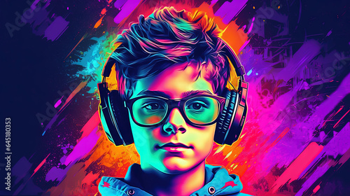 Boy or young man wearing headphones and listening to the exciting music. Juicy color splashes around