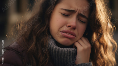 A real photo of portrait of girl having toothache, severely painful face, girl holding her cheek in pain
