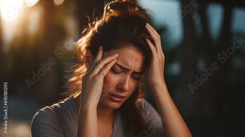 A real photo of woman with headache, hand rubbing temples,