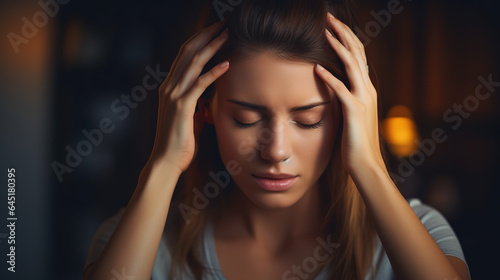 A real photo of woman with headache, hand rubbing temples,