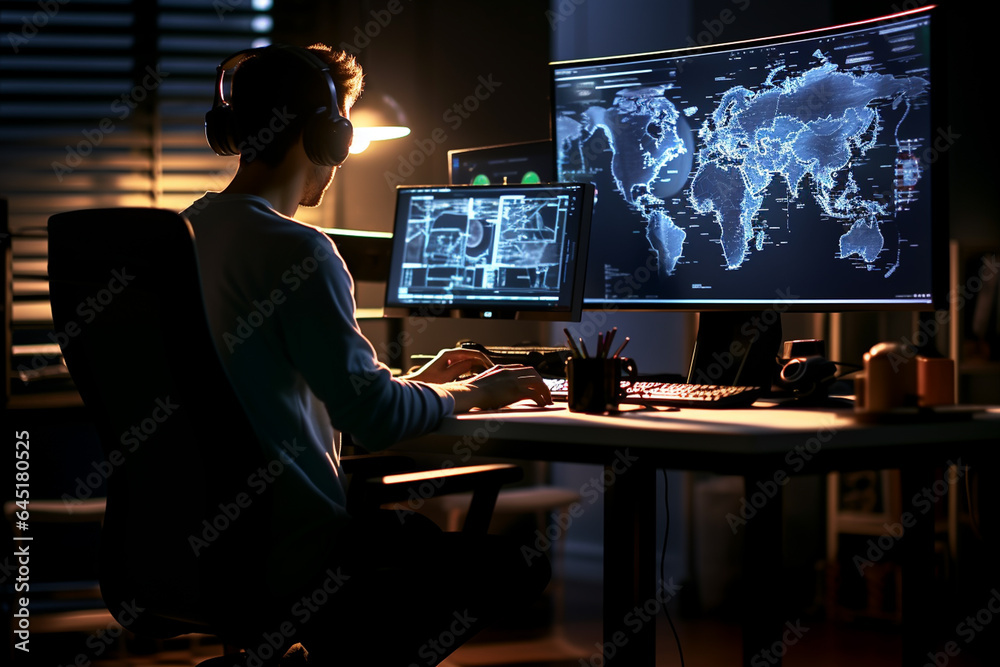 Programmer working late at night on a computer in a dark room Programmer working late at night on a computer in a dark room