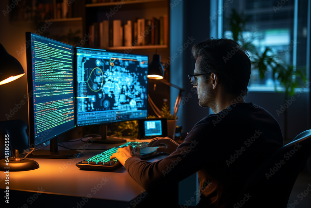 Programmer working late at night on a computer in a dark room Programmer working late at night on a computer in a dark room