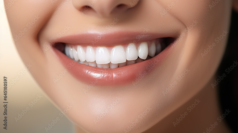 A close up view of young woman's mouth smiling showing teeth, beautiful healthy white teeth, bright smile with beautiful white teeth A close up view of young woman's mouth smiling showing teeth, beautiful healthy white teeth, bright smile with beautiful white teeth
