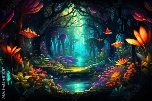 Fantasy landscape with mushrooms in the forest. 3D illustration. © Creative