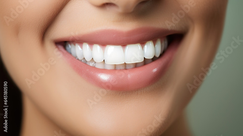 A close up view of young woman s mouth smiling showing teeth  beautiful healthy white teeth  bright smile with beautiful white teeth