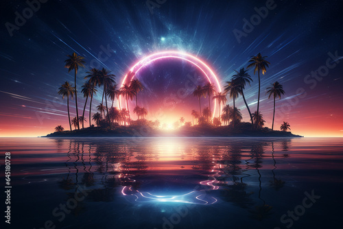 Fantasy island with palm trees and rainbow. 3D render.
