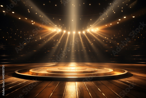 Stage illuminated by spotlights with wooden floor. 3D Rendering