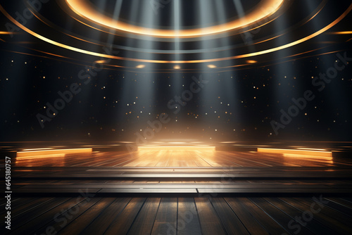 Stage illuminated by spotlights with wooden floor. 3D Rendering