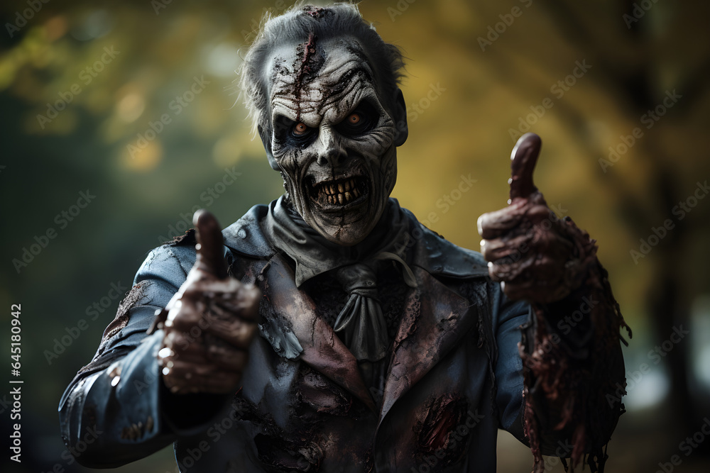 studio portrait of zombie man showing double thumbs-up