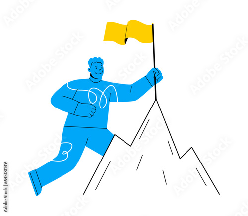 Man character conqueror achievement top point goal mountain. business concept. Colorful vector illustration