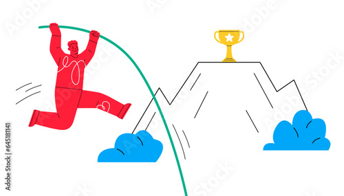 Man is jumping with pole vault to the target. Colorful vector illustration