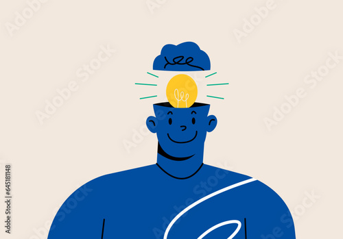 New idea. Man has a bright idea for marketing strategy with a bulb on his head.  Colorful vector illustration
