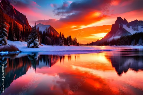 snow on the mountains and trees , sun set, cloud on the sky, orange clouds, image of orange clouds and sun and mountaine in the river, beautifull view, osam scene in the winter, evening of winter  photo