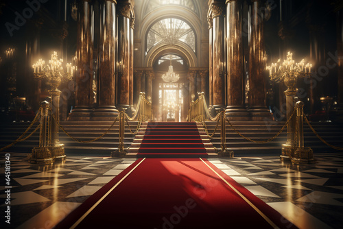 Interior of royal palace with red carpet and golden stairs. 3D rendering