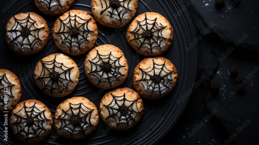 Halloween Spider Web Themed Cookies on Matte Black Background - Iced and Decorated with Beautiful Gold and Chocolate Accents - Spooky Season Desserts