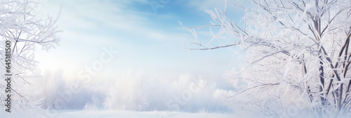  A White beaytiful winter Christmas Blurres Background. Winter atmospheric Natural landscape with Frost - covered dry branches during snowfall. © Phoophinyo