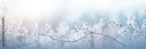  A White beaytiful winter Christmas Blurres Background. Winter atmospheric Natural landscape with Frost - covered dry branches during snowfall.