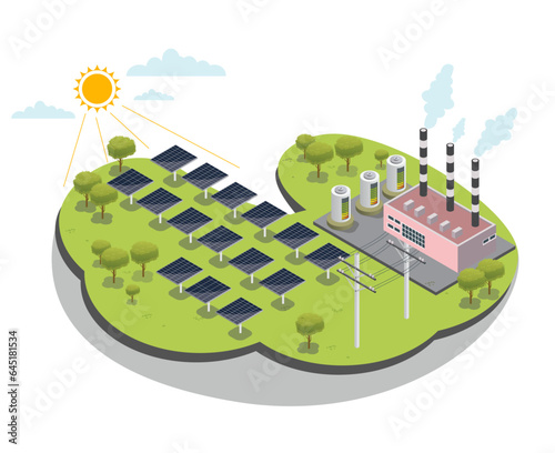 Solar farm power plant concept with solar cell ,renewable energy ,Carbon Border Adjustment Mechanism,Carbon Neutrality,Net Zero Emission, isometric vector isolated.