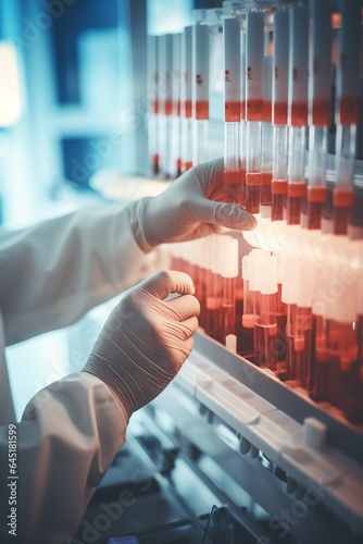 scientist working with blood sample in laboratory, science research and development concept