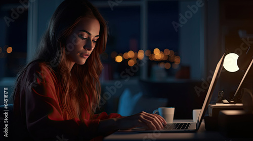 A businesswoman typing on laptop in home office. Nighttime productivity. Generative Ai
