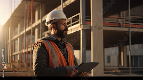 Architect or engineer, foreman on construction site with tablet computer. real estate business concept. Generative Ai