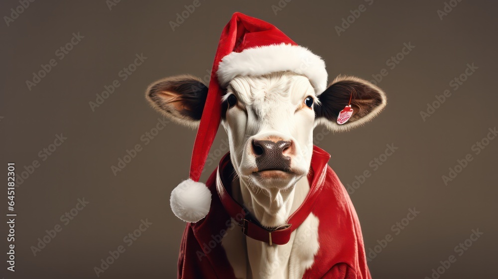 a photograph of cow wearing santa clause costume and hat for christmas celebration generative ai