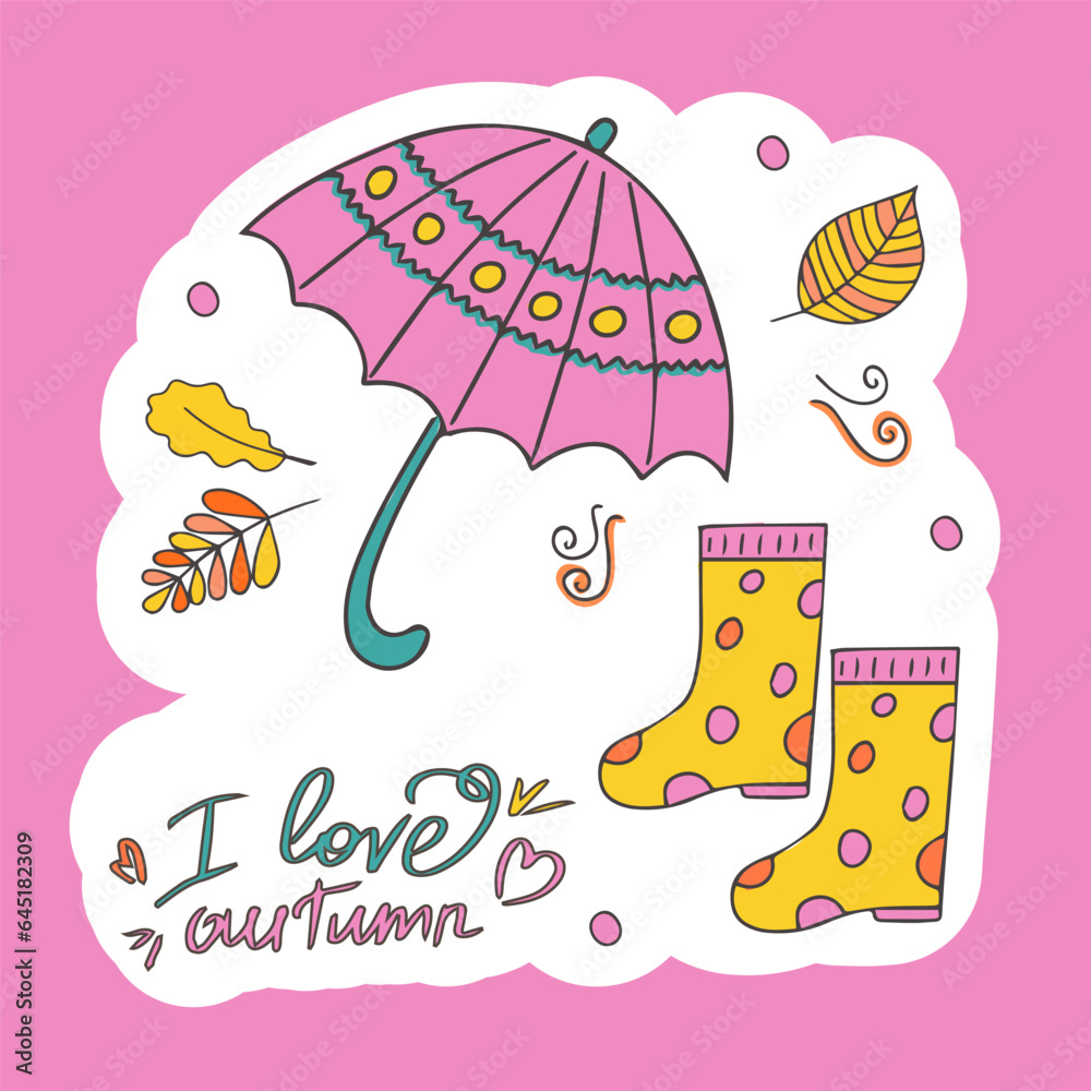 Hello, Autumn. Sticker with autumn cozy elements and inscriptions. Sticker or design with space for text. Hand drawn in doodle style. Isolated illustration. Vector. Hello, Autumn. Sticker with autumn cozy elements and inscriptions. Sticker or design with space for text. Hand drawn in doodle style. Isolated illustration. Vector.