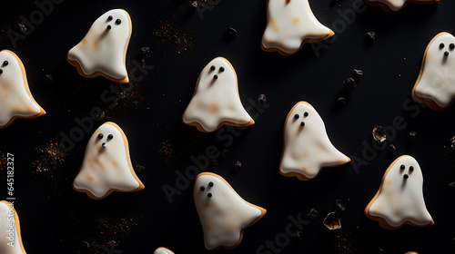 Adorable Ghost Shaped Cookies with Frosting and Decorations on Matte Black Background - Halloween Food Concept - Spooky Season