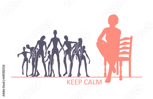 Woman sitting on chair. Group of walking scary monsters. Keep calm concept. Individual opinion