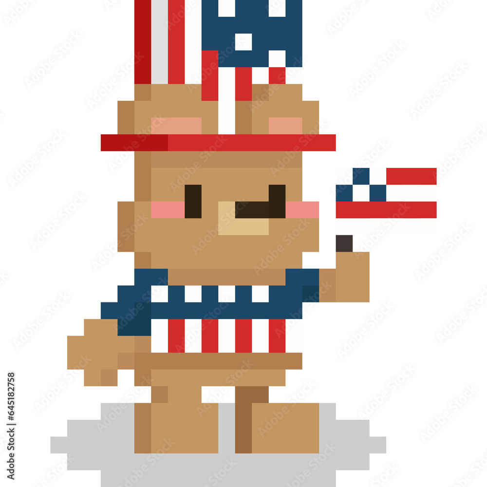 Pixel art bear character with usa colth and flag Pixel art bear character with usa colth and flag