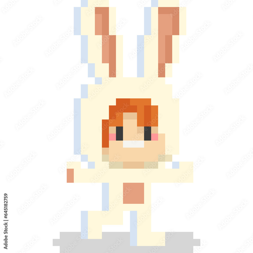 Pixel art boy with rabbit mascot suit Pixel art boy with rabbit mascot suit
