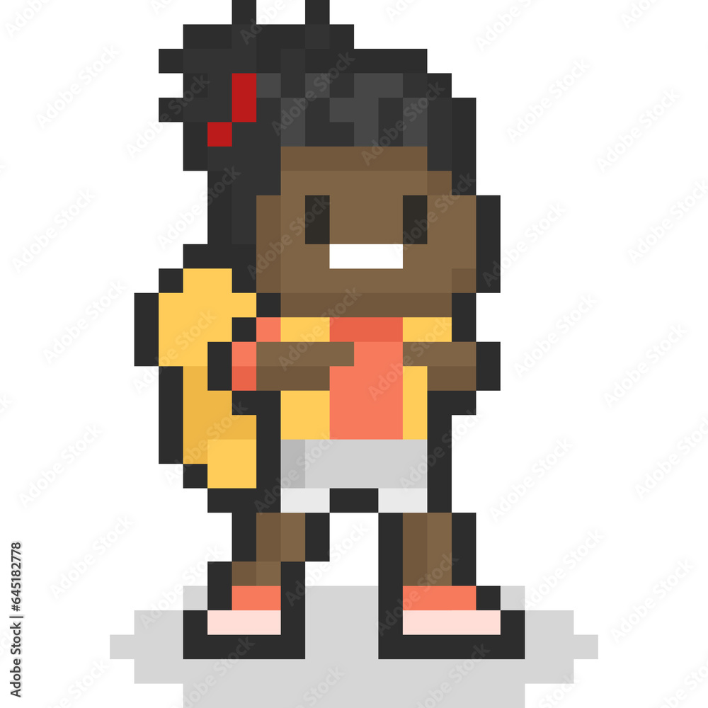 Pixel art cartoon african american kid with backpack