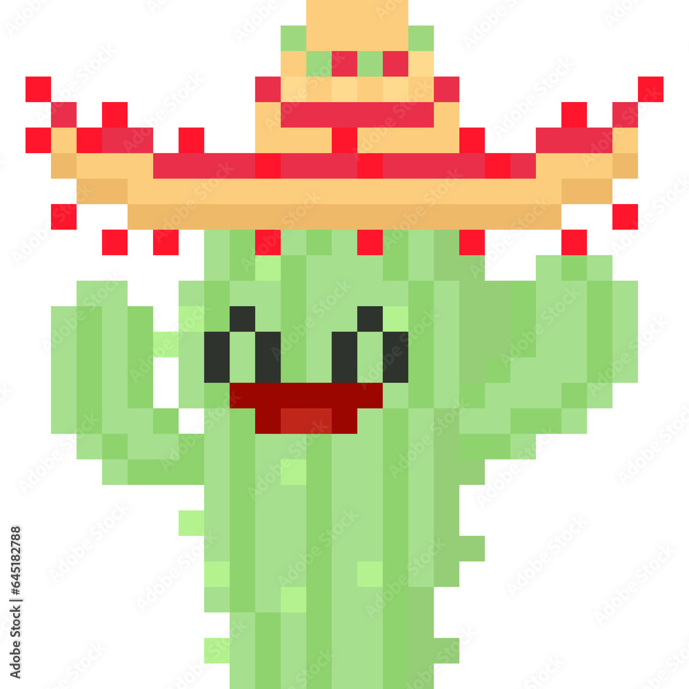 Fototapeta premium Pixel art cartoon cactus character with maxican hat