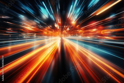 Abstract long exposure dynamic speed light trails background. Generative AI.