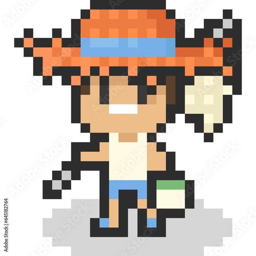Pixel art cartoon kid bug hunter character