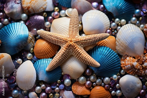 Image of shells, starfish, pearls, sea stones and other marine items. Top view