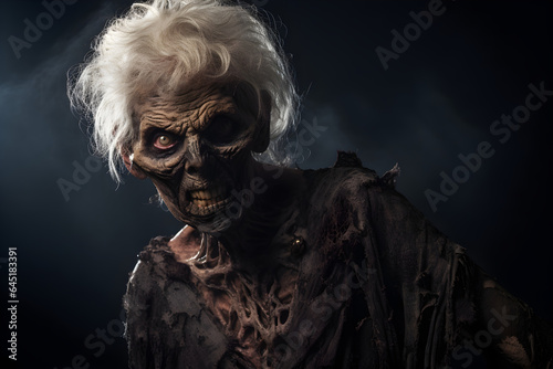 studio portrait of zombie old senior woman