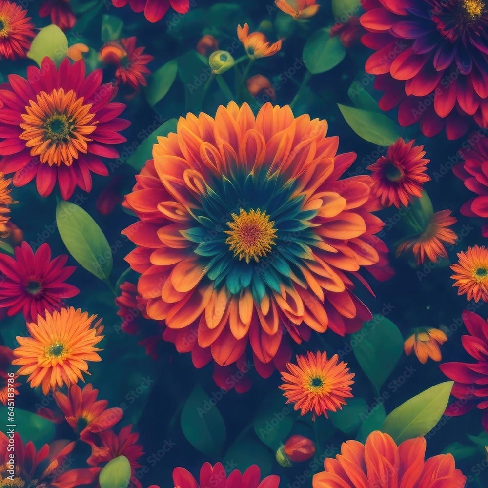 Colorful chrysanthemum flowers. Floral background. Generative AI.
