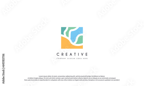 House with sunset or sunrise beach logo design vector illustration.