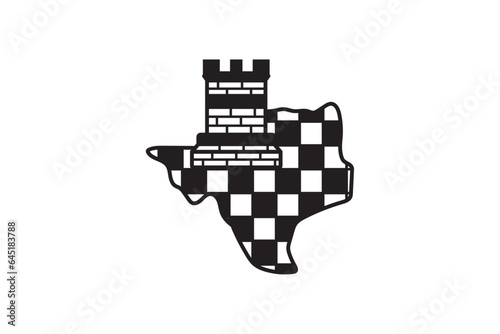 texas chess castle logo design template in black and white color. isolated on white background. the concept icon is combination between castle pion and board colors in chess, and texas map.