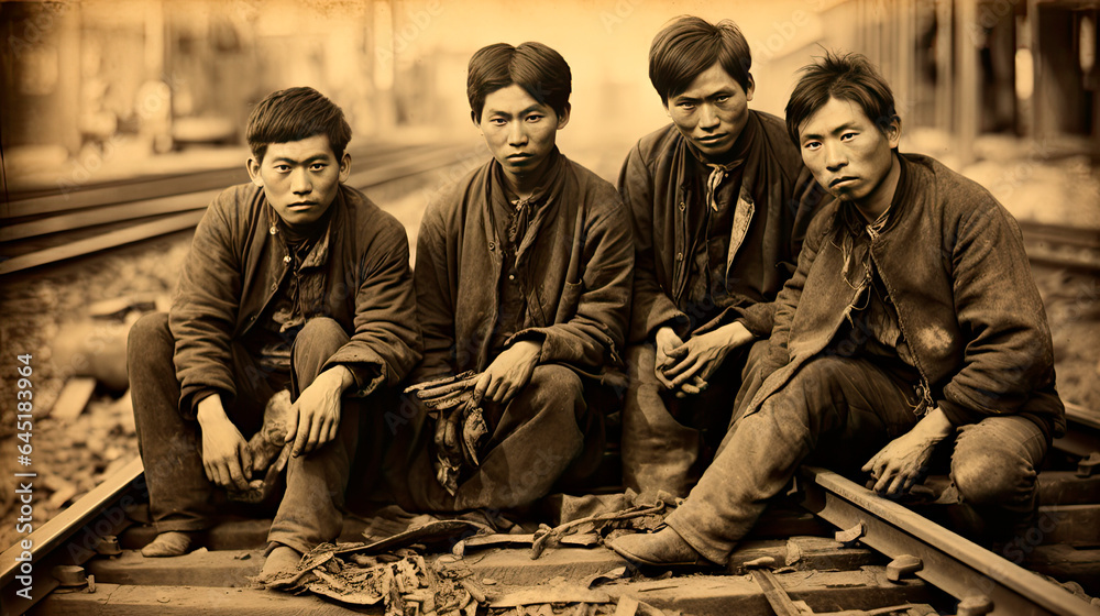 Chinese railroad workers resting on tracks during the building of the ...