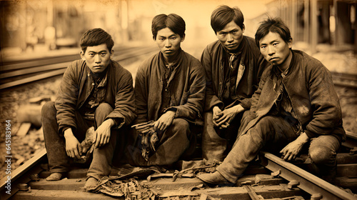 Chinese railroad workers resting on tracks during the building of the railroad in the USA in the 1800s