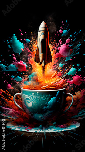 Colorful illustration of a rocket flying out of a cup of  strong coffee 