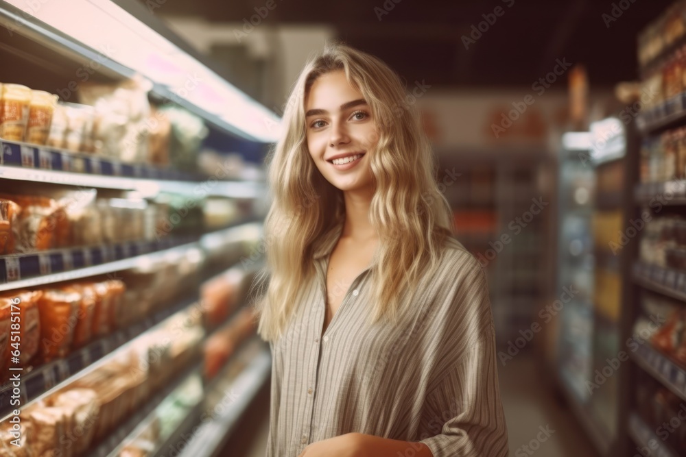a photo of a beautiful woman shopping in supermarket.