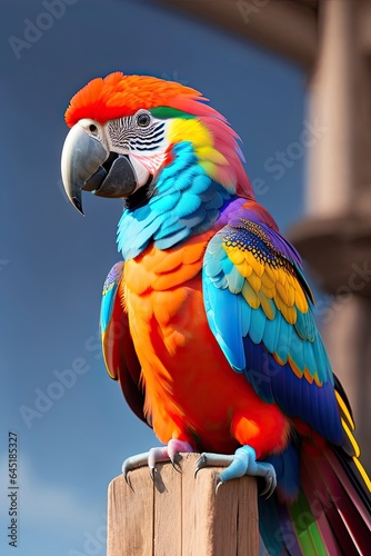 Rainbow feathered scarlet macaw parrot bird perched on a wooden post. Generative AI.