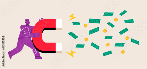 Man use large magnet to attract money. business concept. Colorful vector illustration