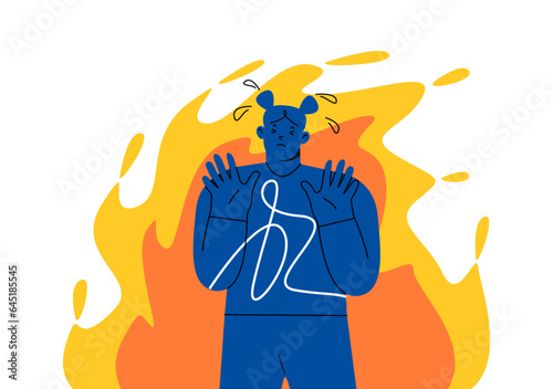 Stressed young woman having mental problems feeling scared afraid of fire. Panic stress and mental problems concept. Colorful vector illustration
