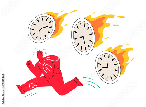 Deadline and rush hour. Man at burning clock. Time management. Planning and setting goals. Colorful vector illustration