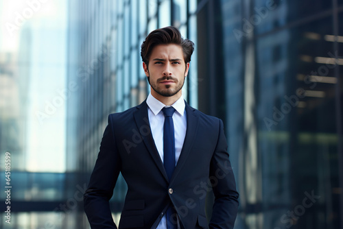 Portrait of a confident businessman standing in front of a modern building